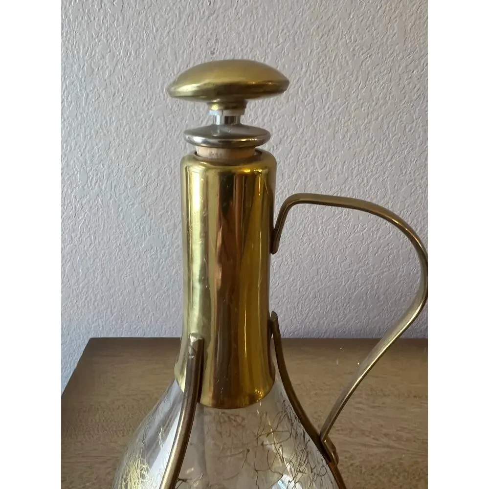 Vintage Japan Musical Glass & Brass Decanter Crackle Glass MCM Style Barware 11